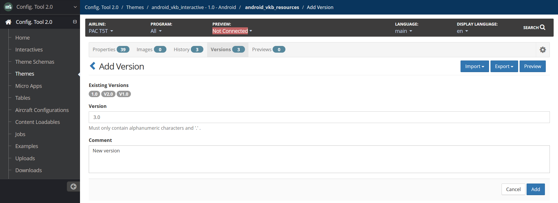 Config Tool Add Version page