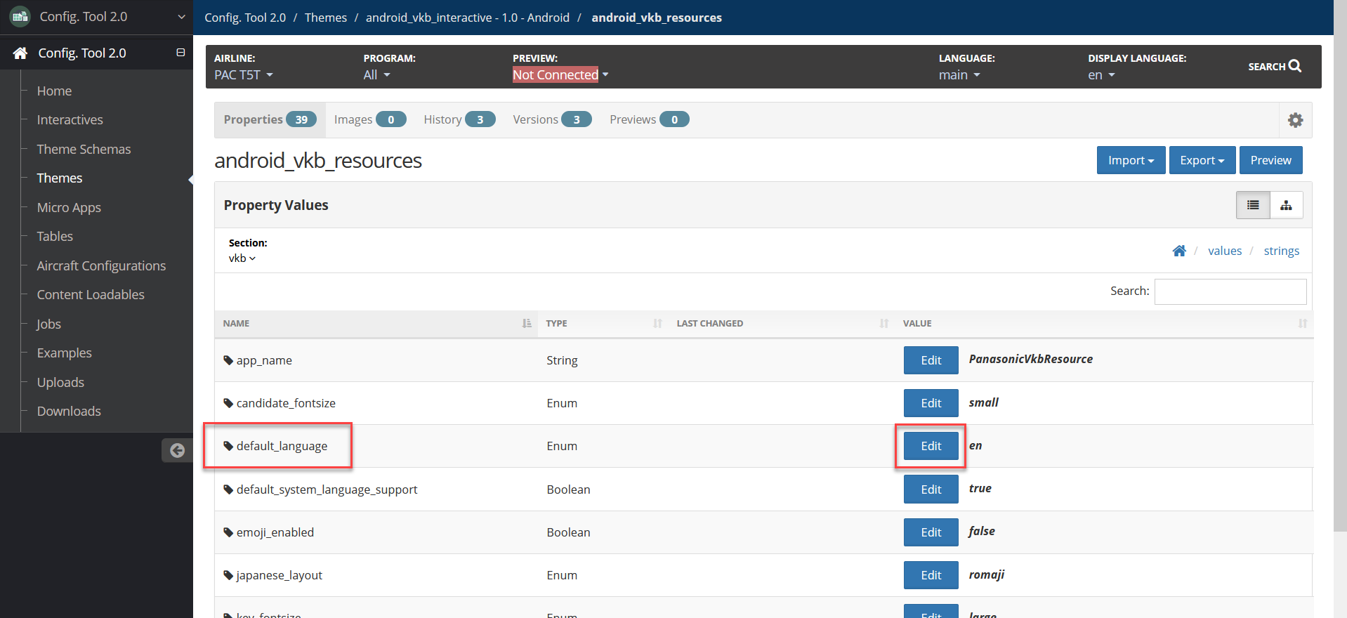 Config Tool Theme Properties with default_language property value highlighted