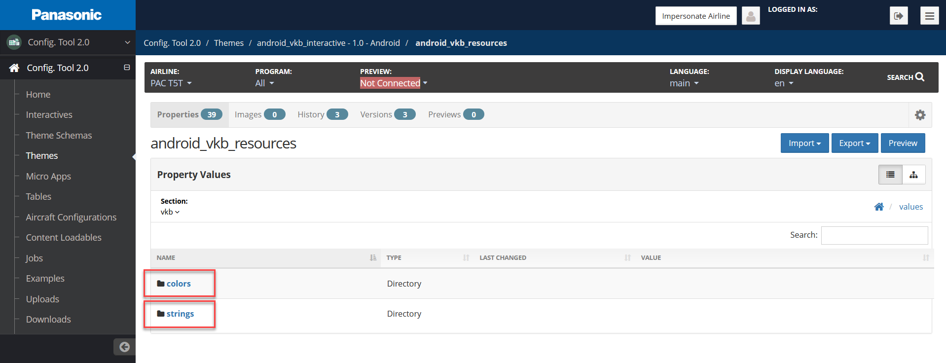 Config Tool Theme Properties with colors and strings directory highlighted