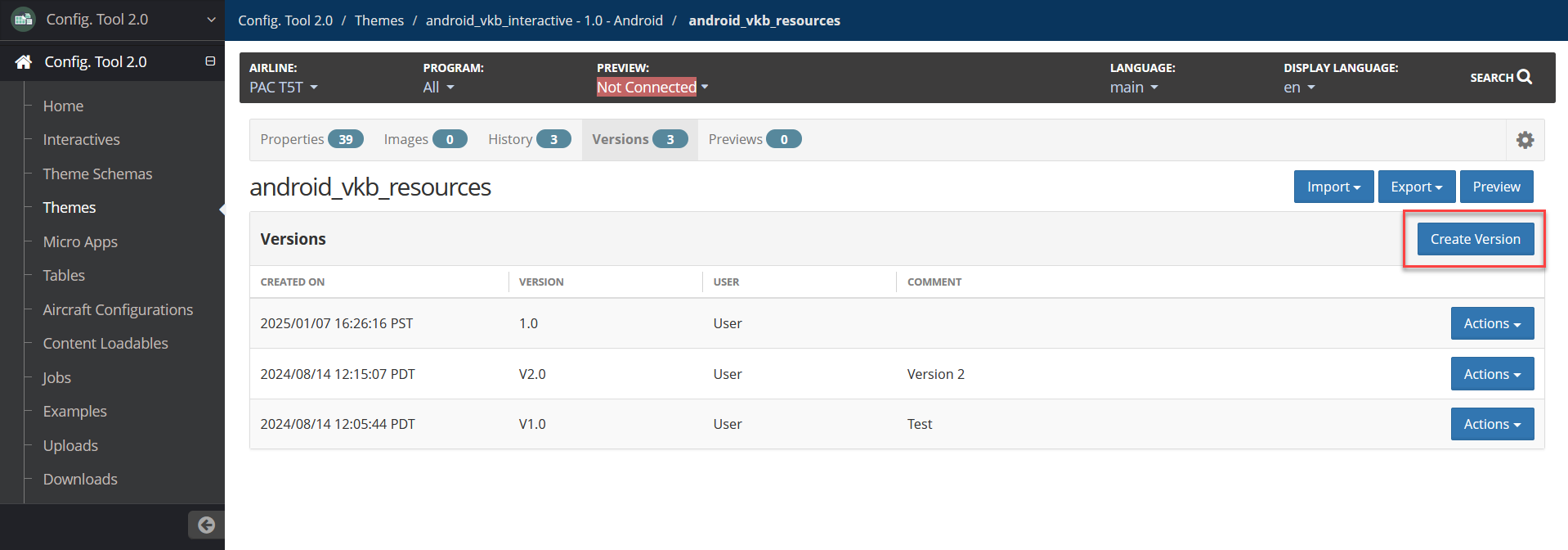 Config Tool Theme Versions page with Create Version button highlighted
