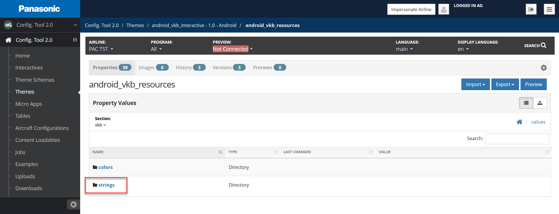 Config Tool Theme Properties with strings directory highlighted