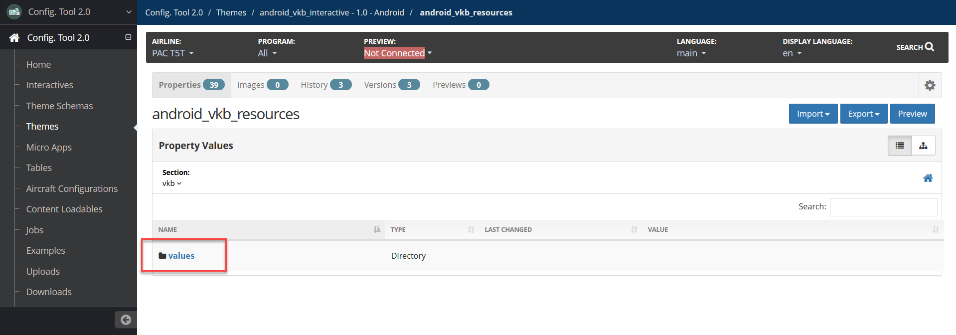Config Tool Theme Properties with values directory highlighted