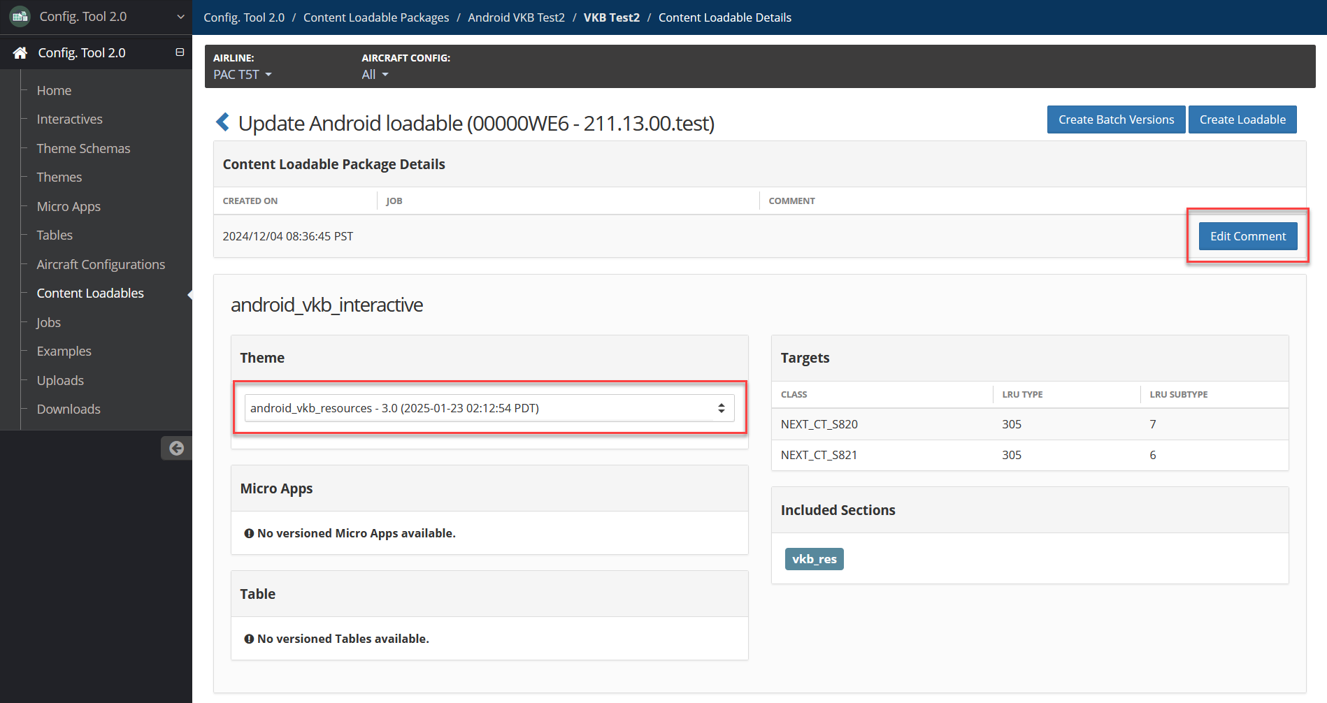 Config Tool Content Loadable page with Edit Comment button and Theme highlighted