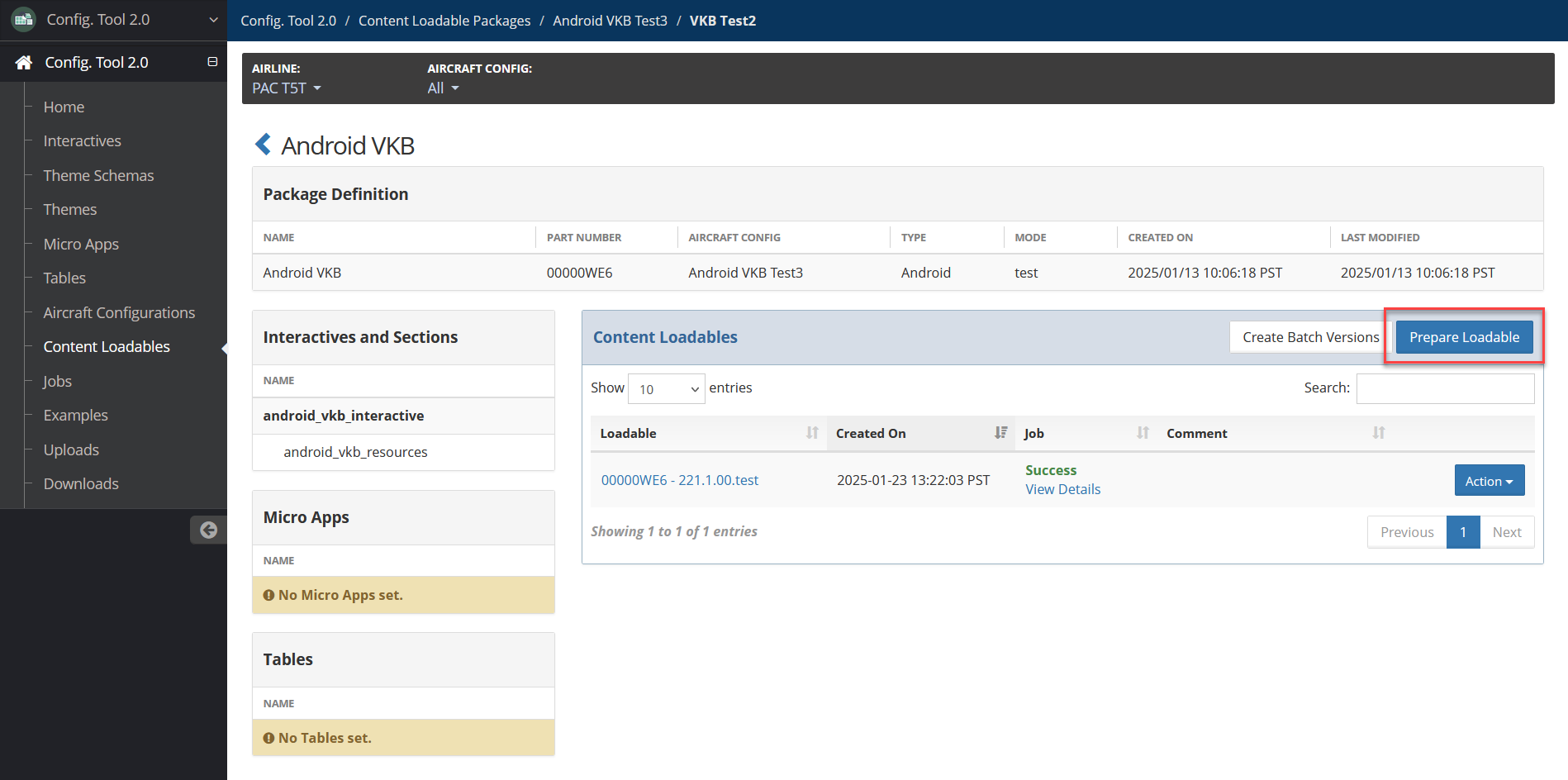 Config Tool Content Loadable page with Prepare Loadable button highlighted