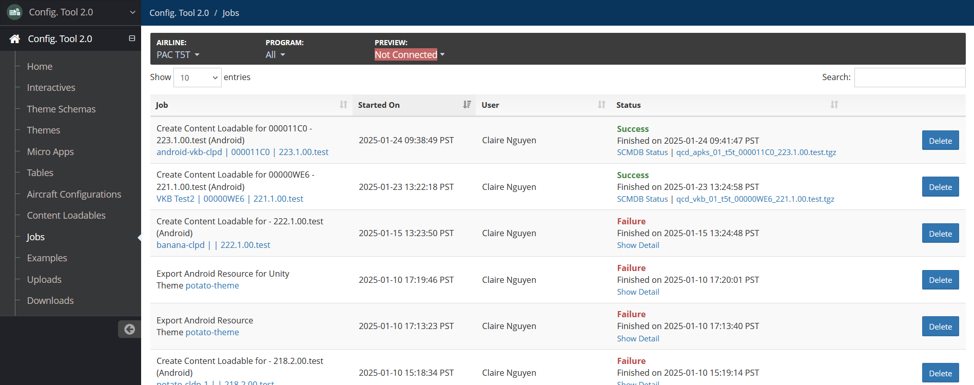 Config Tool Jobs page