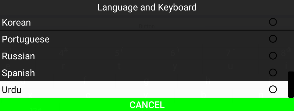 Language dialog with cancel button normal color