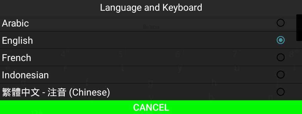 Language dialog with pressed cancel button color