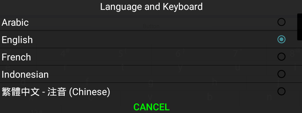 Language dialog with cancel button text color