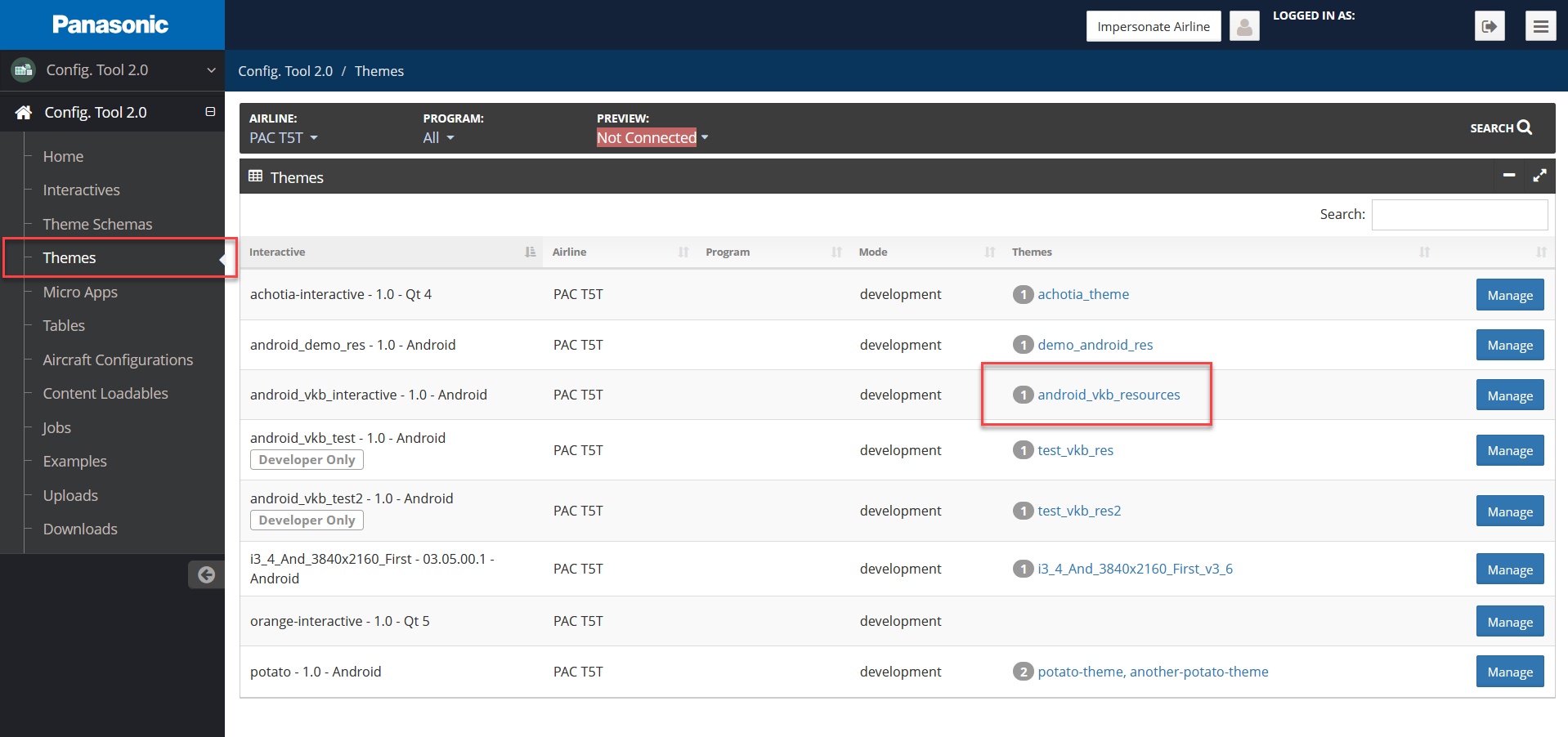 Config Tool Themes page with android_vkb_resources theme highlighted