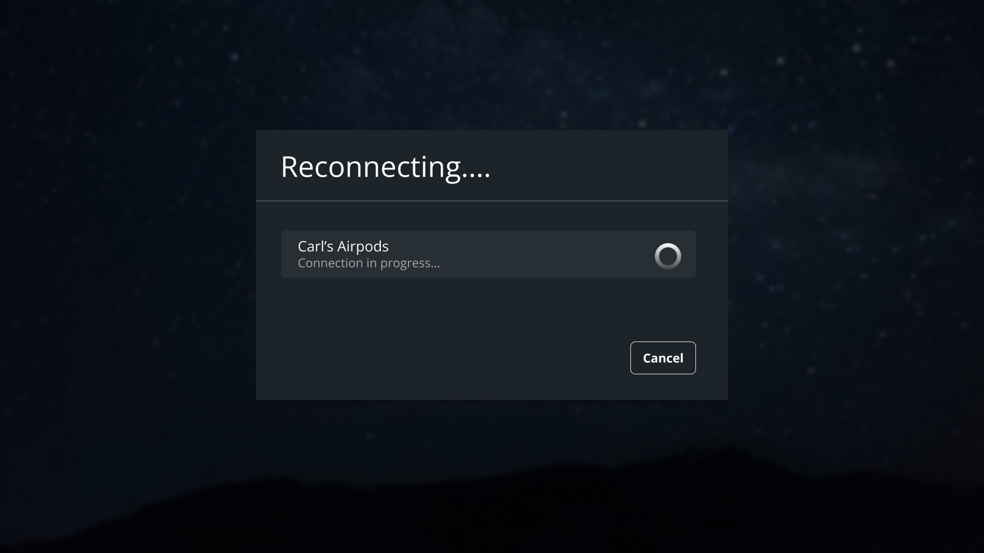 Interactive displaying reconnection to previously paired device in progress