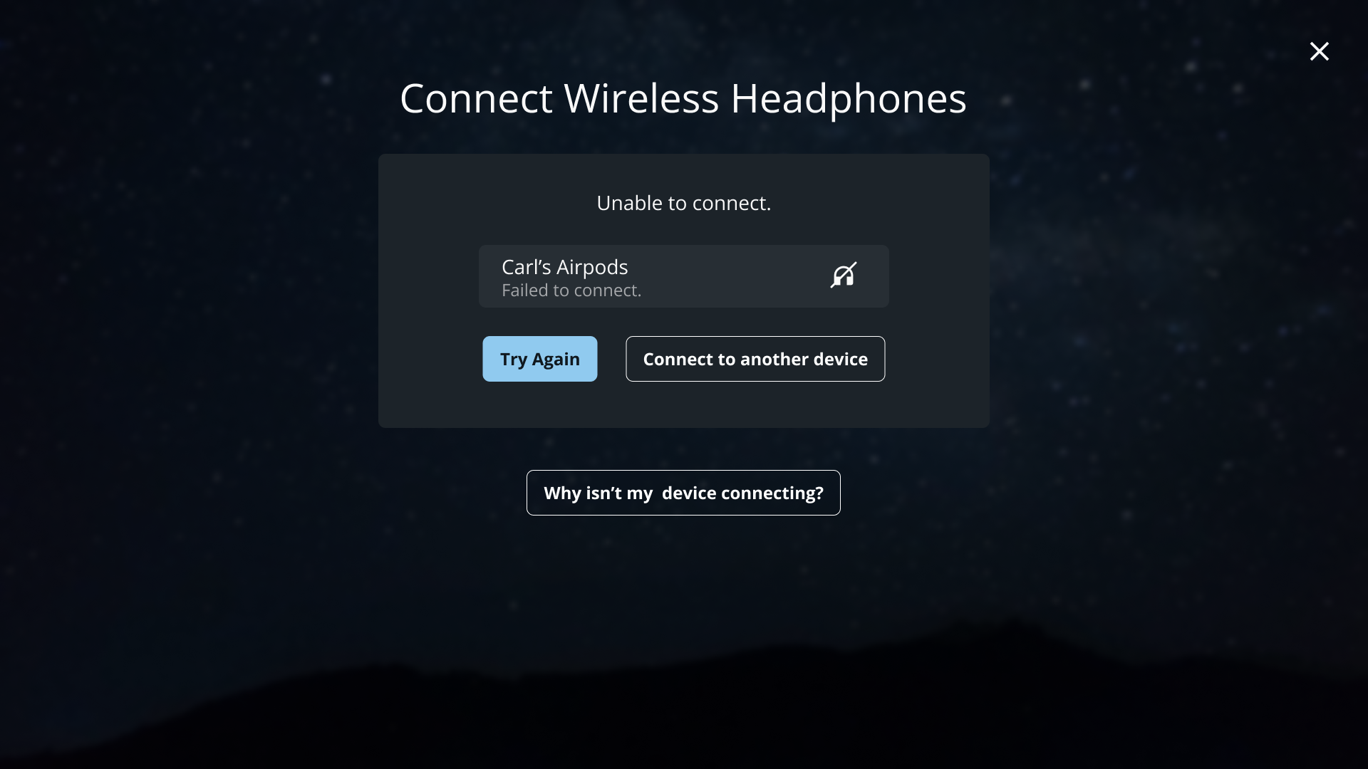 Interactive displaying failed reconnection to previously paired device